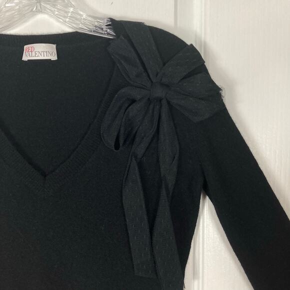 Nwot RED VALENTINO Sweater~S Black Bow-Tulle-Lace-Appliqué Cashmere V Long-Sleev - Picture 5 of 9